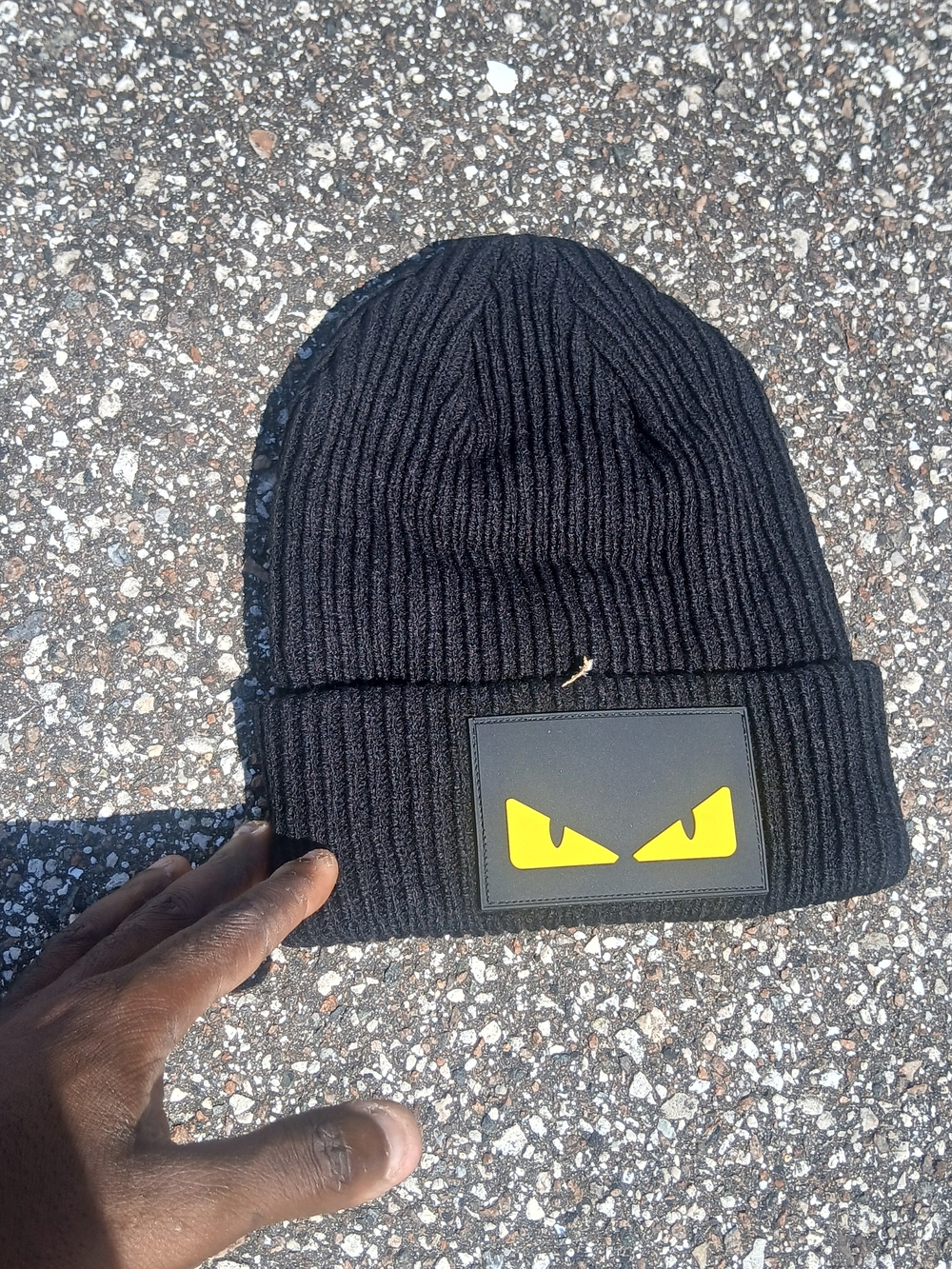 Men's Black Knit Beanie with Yellow Eye Patch